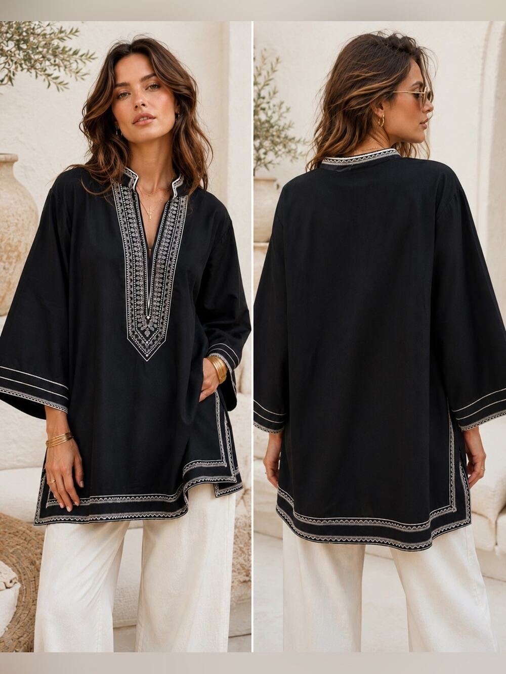 NICOBLU Black Embroidered Boho High End Luxury Resort Artsy Flowy Tunic Top 1X